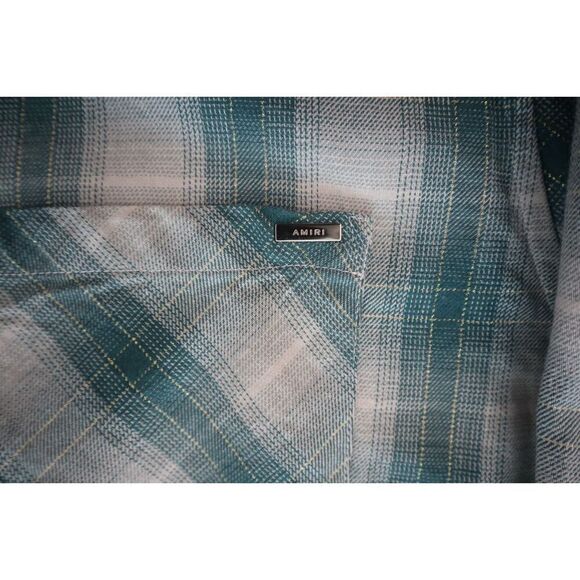AMIRI Men's Sz L Green/Purple Distressed Ombré Plaid Button-Down L/S Shirt - Picture 4 of 16